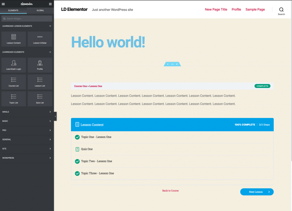 A preview of the LearnDash lesson template in Elementor