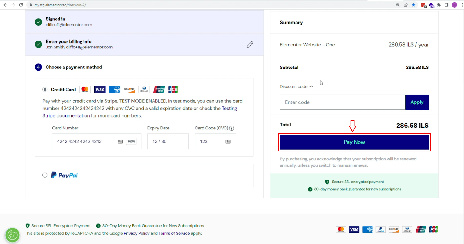 Screenshot of the page to choose a payment method with credit card options.