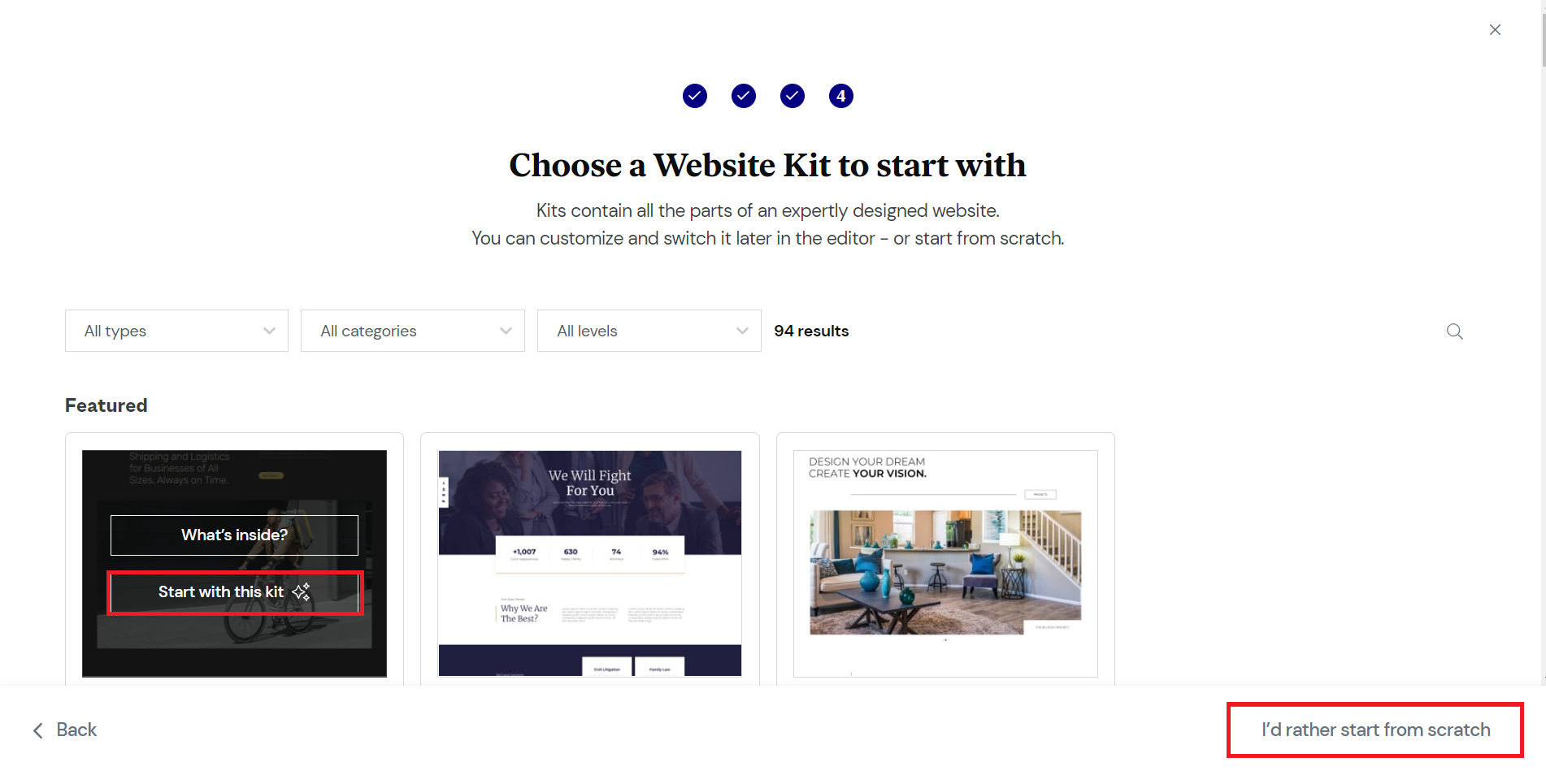 Screenshot of kits that meet your search filters. Use the I'd rather start from scratch button at the bottom of the screen, highlighted in red, if you don't want to use a kit.